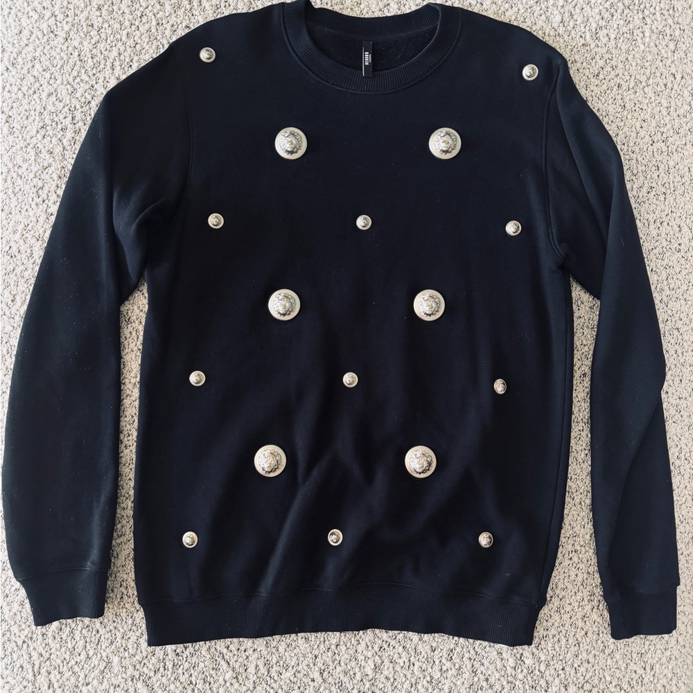 Versus Versace Black Sweater with Silver Lion Head Medallions